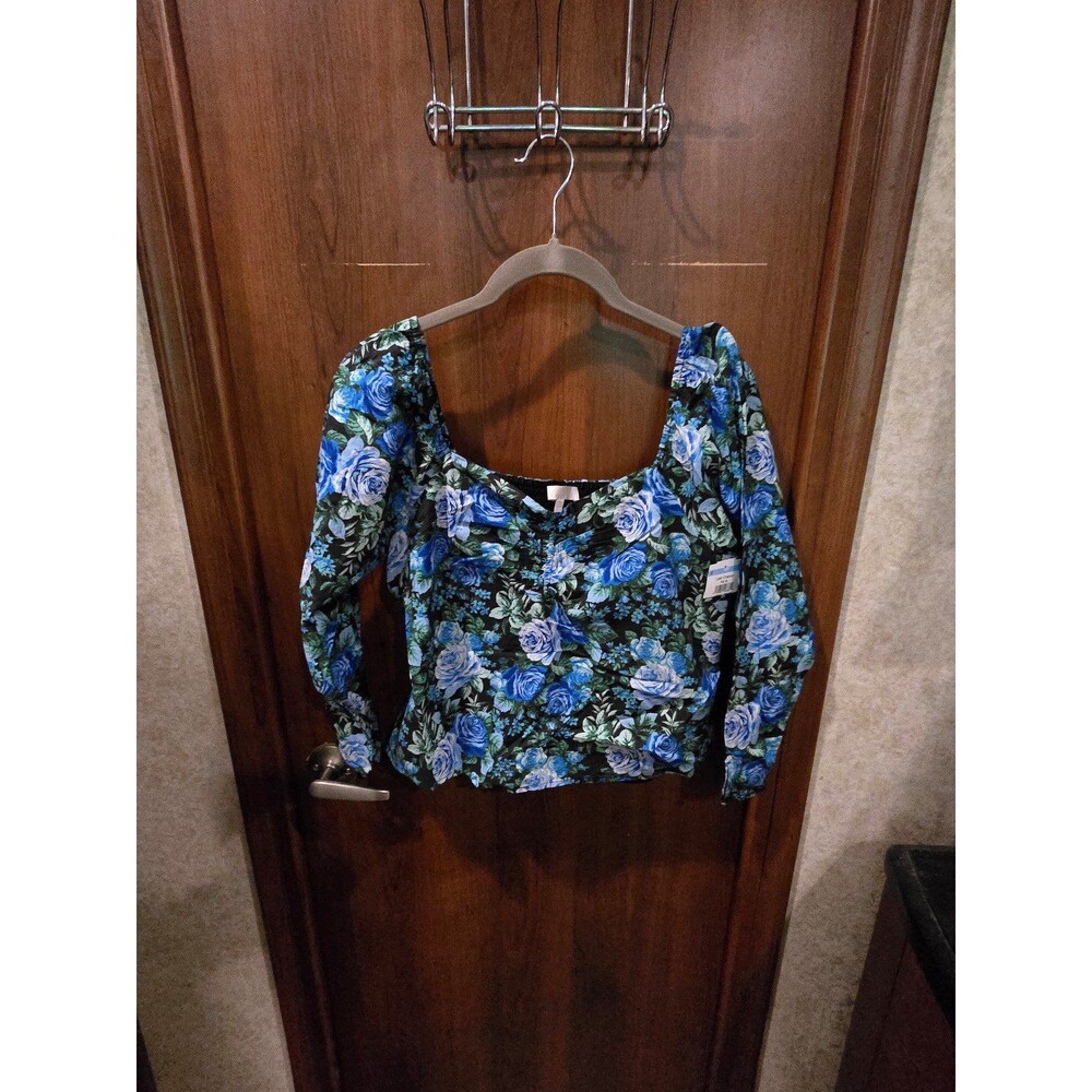 NWT WAYF Shane Off the Shoulder Blue & Black Roses Lined Sz S B-32